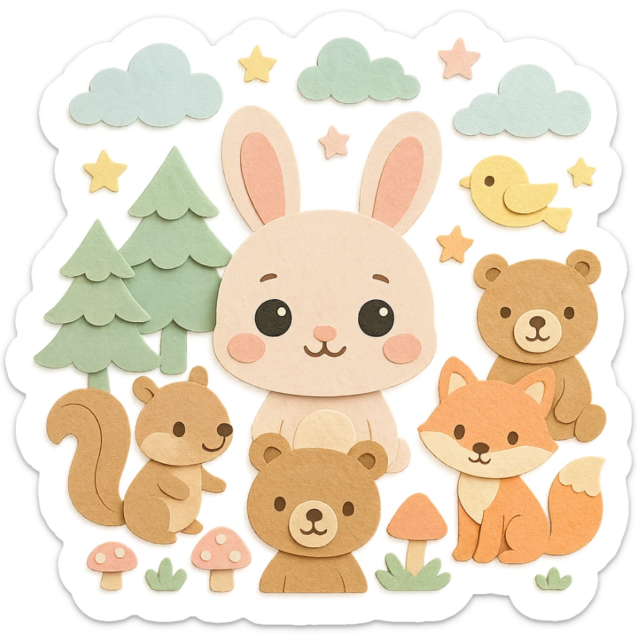 high-quality paper craft style illustration of soft pastel bunny (round baby face, big sparkling eyes, pink blush), surrounded by squirrel, bear, fox, and bird, in a soft pastel green forest with dreamy clouds, pastel stars, mushrooms, hand-crafted paper look, high resolution sticker