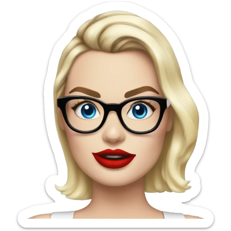  Margot Robbie, bright blue eyes and eyelashes, red kisses, wearing black glasses  sticker
