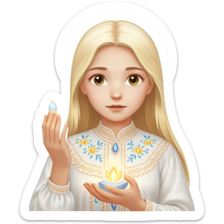 Young Ukrainian girl with blonde hair wearing a traditional white embroidered shirt (vyshyvanka) gently holding a glowing ethereal light representing the soul in her hands sticker
