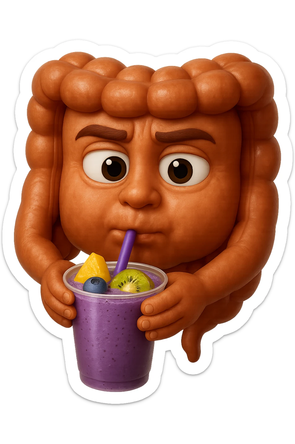 EMOJI STILE IPHONE DI un intestino umano anatomico che beve un frullato di mirtilli, ananas, kiwi, fagli anche la parte bianca degli occhi, non solo le pupille, REALISTICo 4K sticker