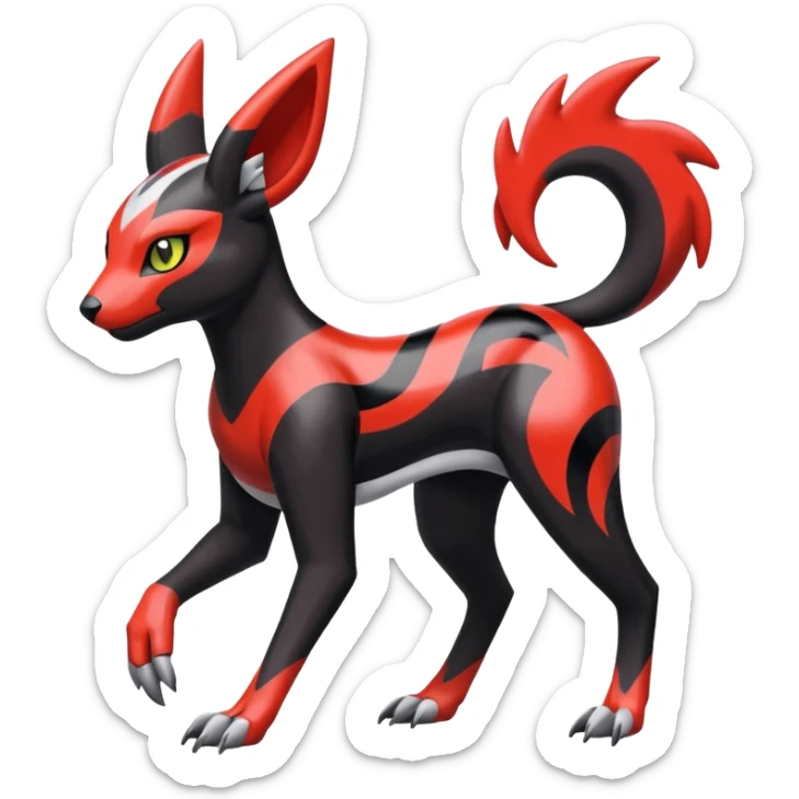 Colorful Meloetta-Houndour-Guilmon-Darkrai-Pokémon-Fakémon-fusion-hybrid-creature with abstract markings sticker