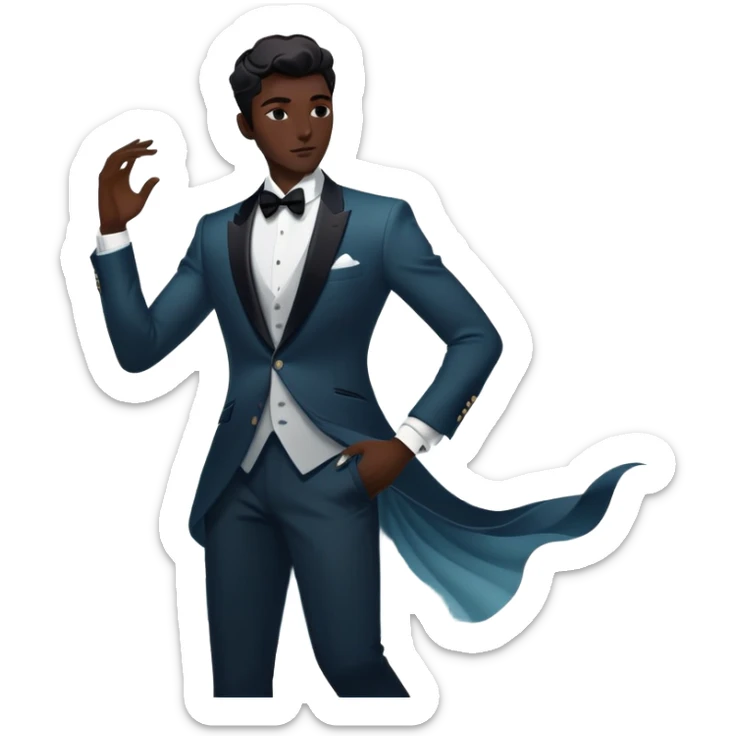 Ethereal male fashion silhouette with formal wear and subtle energy waves, floating style essence, masculine inspiration sticker