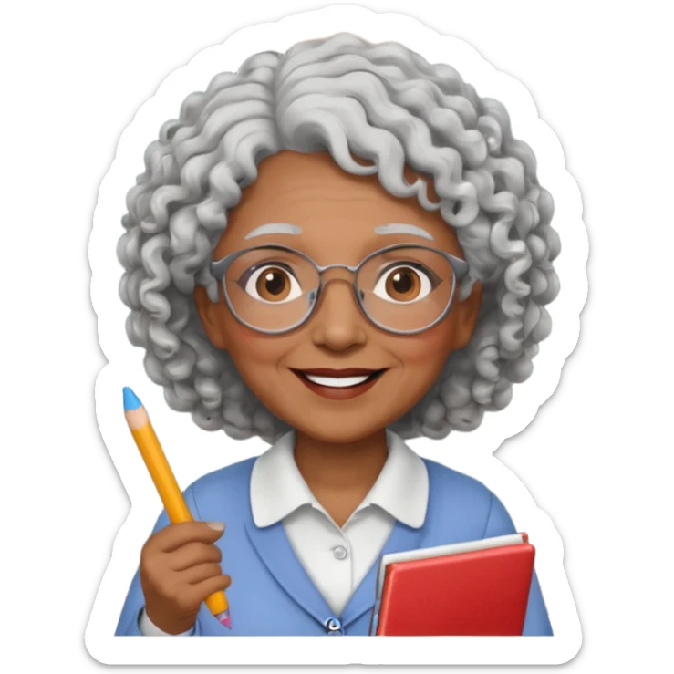 old woman teacher, brown skin, curly grey white hai, wearing glasses, hold chalk on hand sticker