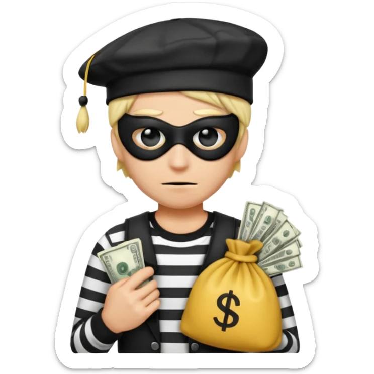 Realistic ios emoji-style portrait of a classic burglar, a black eye mask and a black-and-white striped shirt. emoji-like hair, black hat, a bag of money 💰 with a dollar sign in a right corner, evil expression  sticker
