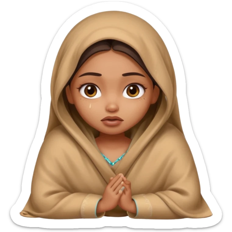 a pretty bratz fair indian girl wearing a brown pajamas and blnaket, dark circles, crying sticker