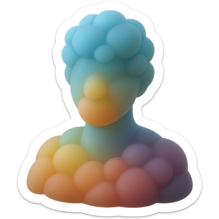 shoulder-up portrait of a person facing forward, fully composed of bright, convex clouds of different colors, matte glass style sticker