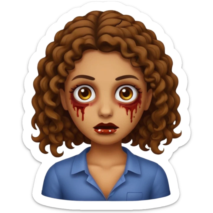 Create a zombie emoji inspired by a young woman with tanned skin, an oval face, large dark eyes, defined eyebrows, a small nose, and medium lips. Her hair should be long, curly, and brown.  sticker
