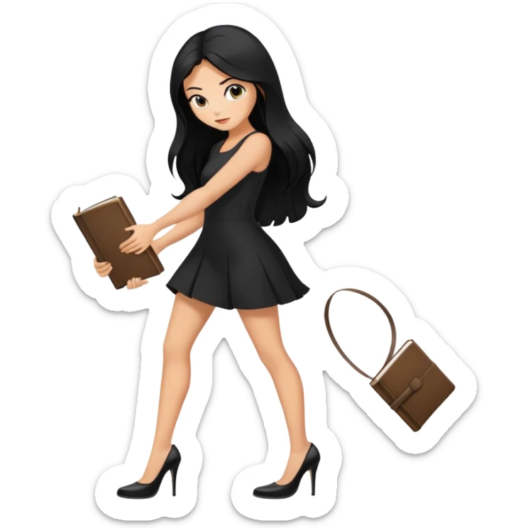 Bimbo in heels, black mini dress, long black hair tanned, hot, bending to pick up book from ground, hot,  only book.  sticker