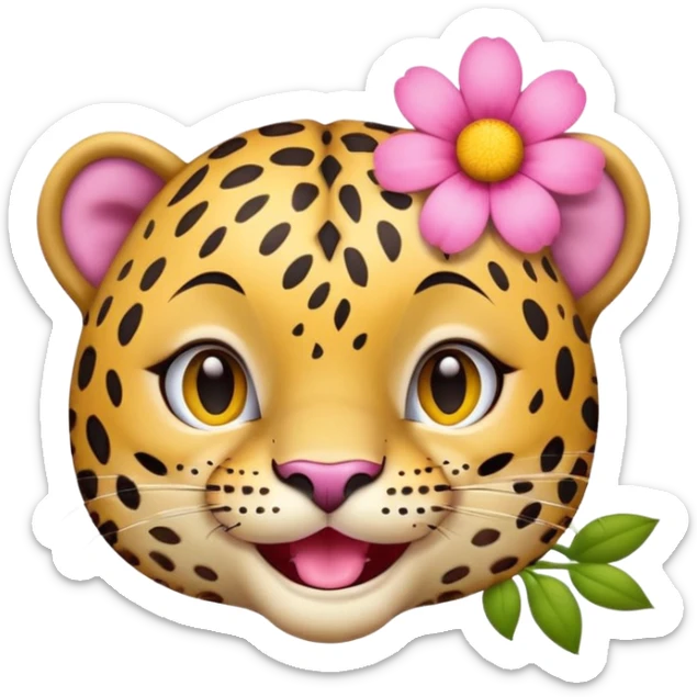 A leopard with big smile. A pink flower with a yellow center is tucked behind its right ear, no tongue
 sticker