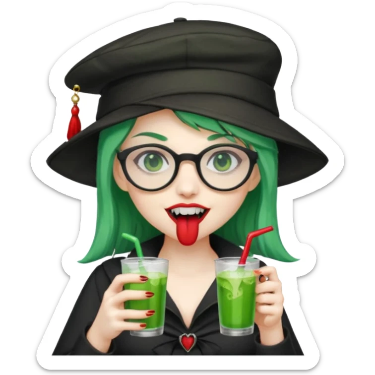 vampire green hair Drink holders with hat, wearing glasses, female,,teeth looks like vampire sticker