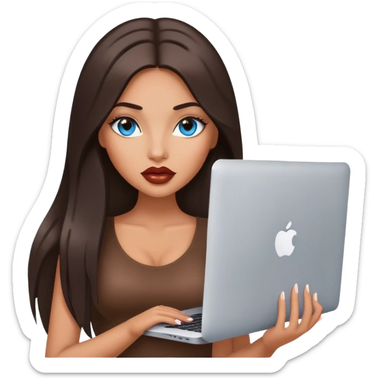 Glamours tanned very beautiful girl with big pump lips and dark chocolate straight smooth long hair, blue-grey eyes with MacBook sticker