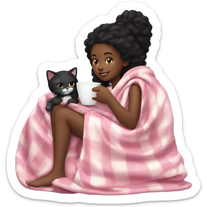 black girl with long curly hair wrapped in a pink blanket with some leg out sipping hot chocolate with a black and white cat sticker