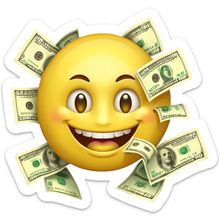 3D glossy emoji sticker, dollar-sign eyes, huge toothy grin, mouth stuffed with US dollar bills spilling out, floating banknotes, centered, transparent background sticker