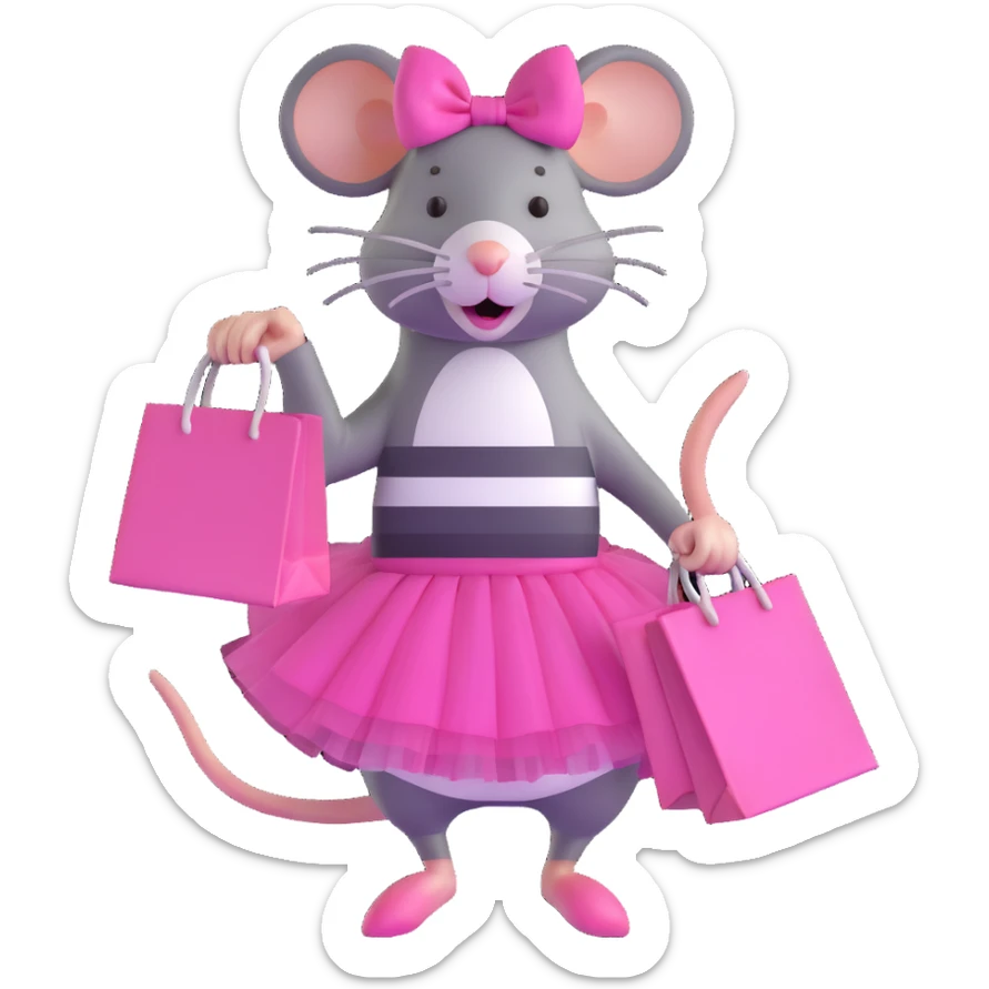rat with a pink dress and tutu holding a black and white striped shopping bag sticker