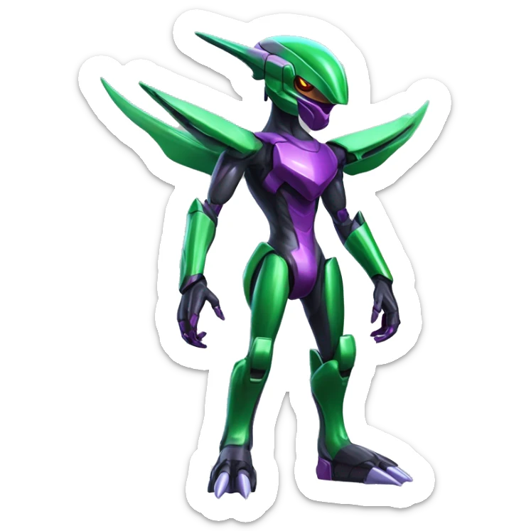 a shiny black-green-purple Genesect-Flygon-Raptor-Fakémon-Medabot-hybrid with a futuristic visor-helmet full body sticker