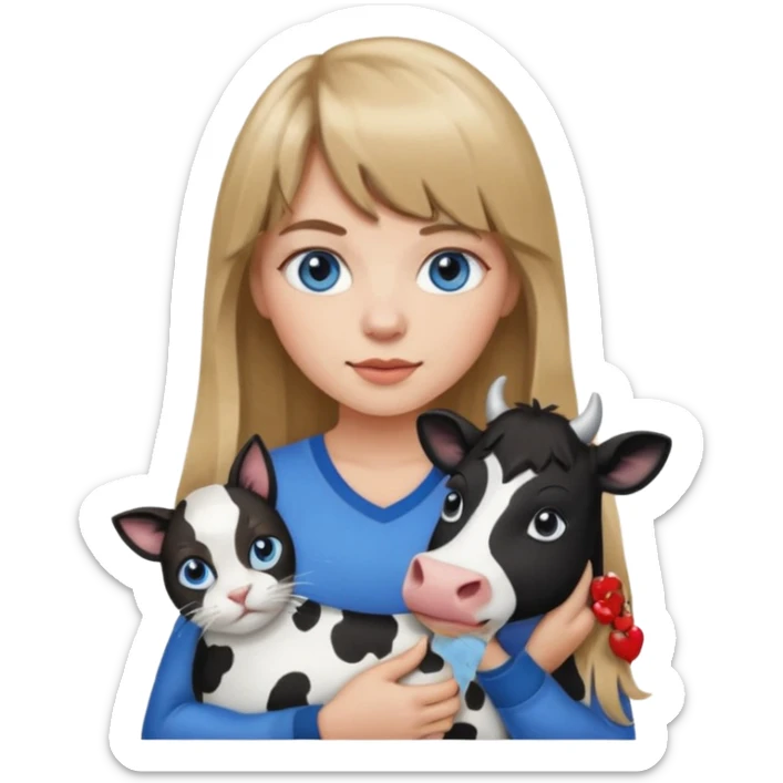 Apple-style emoji sticker of a young woman with long dark blond hair and bang, blue eyes , holding a cat black and white like a cow patch on her chest.  sticker