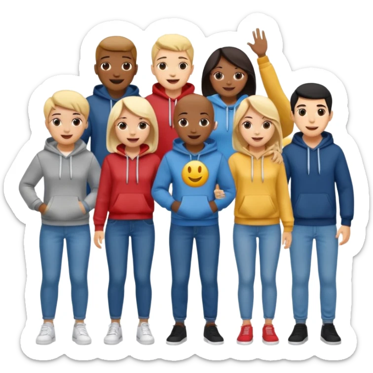 winners’ podium with multi-racial people, no numbers, fun casual clothes like jeans and hoodies, very excited, fun, expressive emoji style sticker