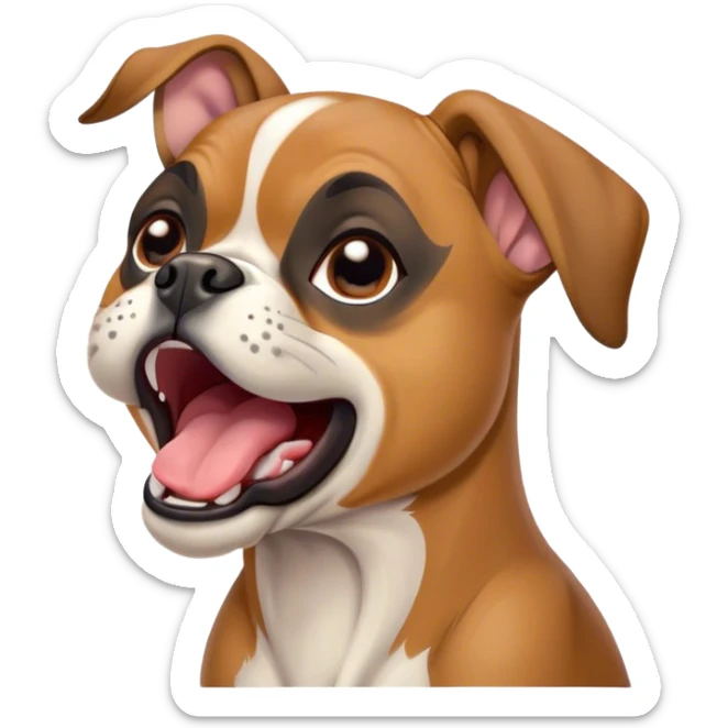 Cinematic Cute Yawning Fawn Boxer Dog Portrait Emoji, Head tilted slightly with a dramatic, wide-open yawn, showcasing a short fawn coat with a crisp white muzzle and chest, floppy ears slightly drooping, round brown eyes barely open in drowsy contentment, Simplified yet irresistibly adorable features, highly detailed, glowing with a soft, cozy glow, high shine, relaxed yet expressive, stylized with a touch of whimsy, bright and endearing, soft glowing outline, capturing the essence of a sleepy yet affectionate guardian, so drowsy it feels like it could stretch right out of the screen and curl up for a nap! sticker