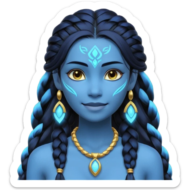 avatar-style Na’vi female portrait, head and shoulders only, blue skin, glowing bioluminescent markings, long braided hair, subtle tribal jewelry, confident smile, 3D cartoon, mobile game icon style, clean background, no text, no watermark
 sticker