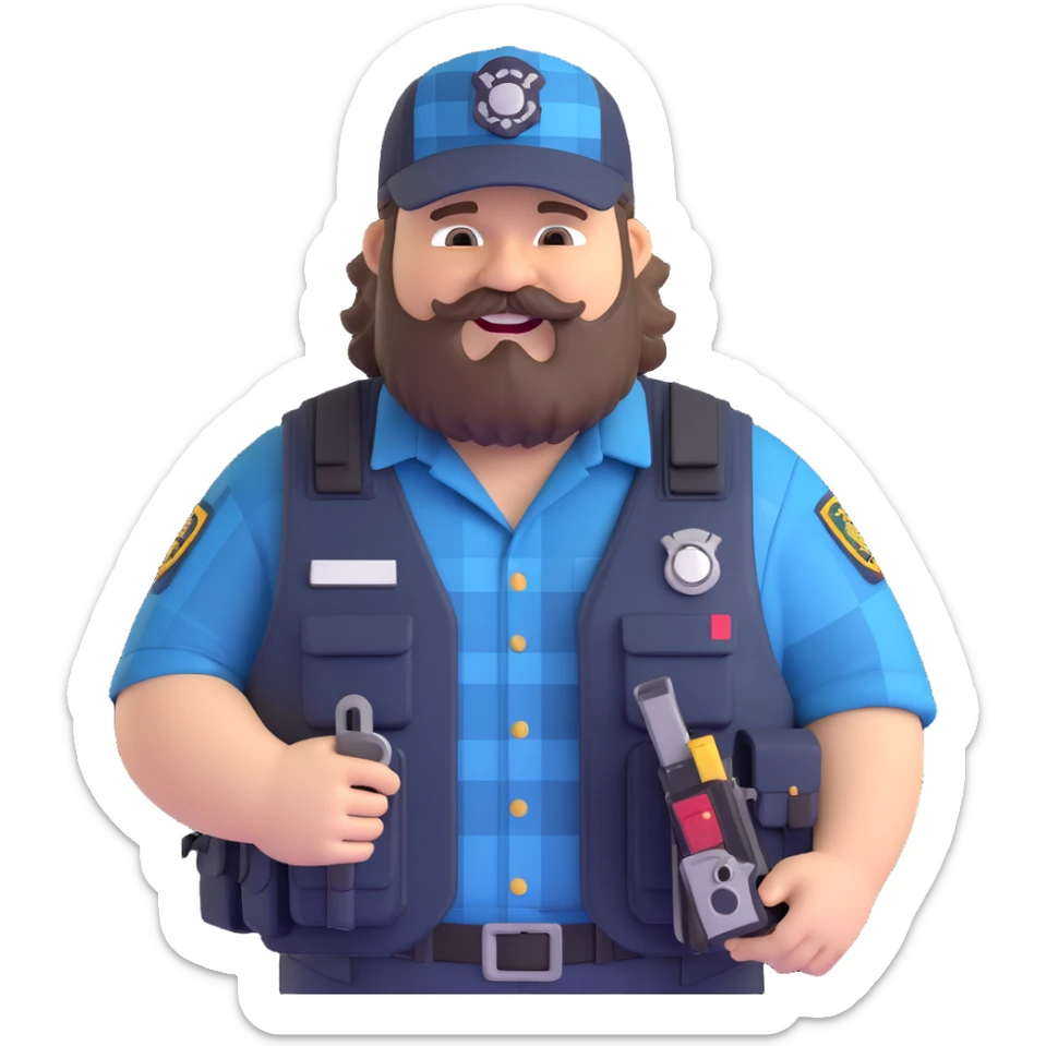 chubby federal agent with buck teeth tactical vest full of gadgets redneck appearance trucker hat plaid shirt scruffy beard 3D humorous style sticker