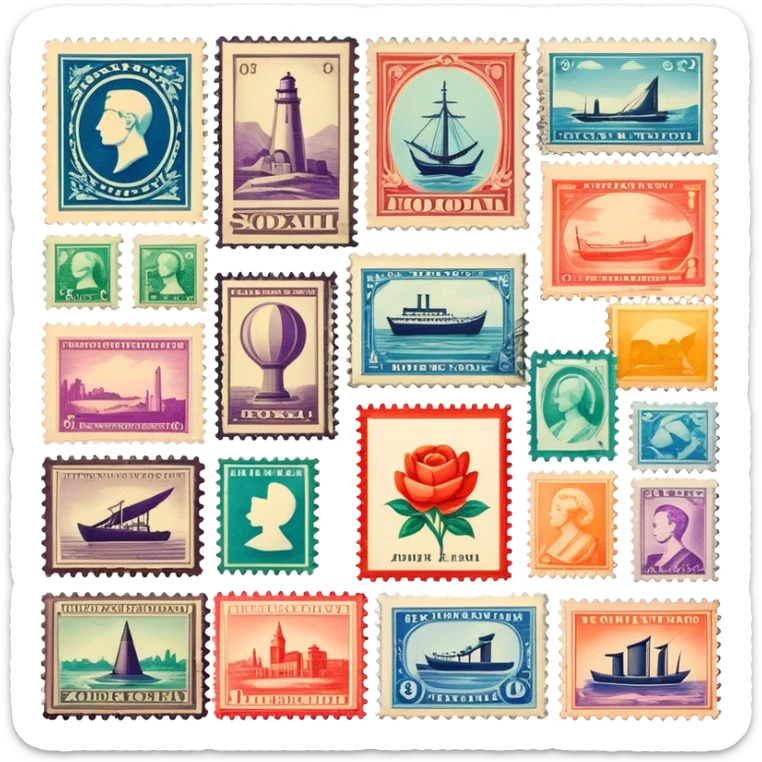 Icon for Stamp Collecting: a collection of vintage and colorful stamps arranged in an album or on a desk, with a large stamp block in the center showcasing different themes. The icon should reflect the charm and history of philately. Transparent background. sticker