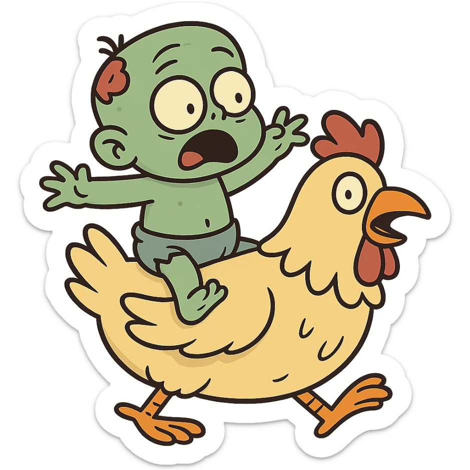 a green baby zombie riding a chicken, western animation cartoon style, playful, bold lines sticker