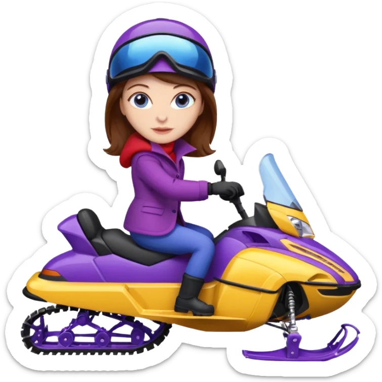 Brown hair, very blue eyes, Woman wearing a Very red coat  on purple and yellow striped snowmobile sticker