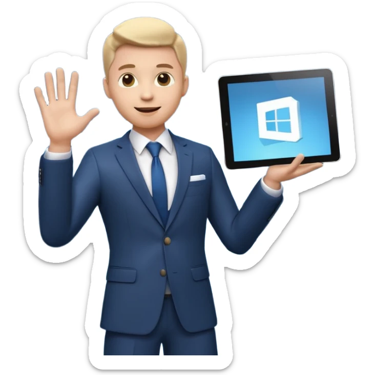 A stylized 3D emoji icon of a charismatic young male presenter on a stage, holding a tablet and gesturing enthusiastically towards a large screen behind him. The screen displays a glowing, futuristic Microsoft logo (the four squares) sticker