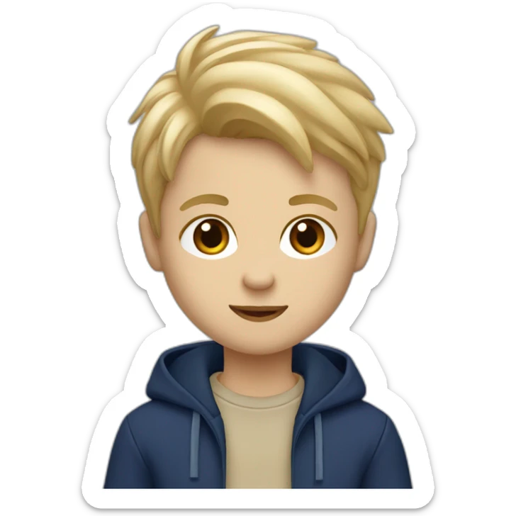 Jongen met asymmetrisch blond haar, donkerblauwe hoodie, beige cargo broek. sticker