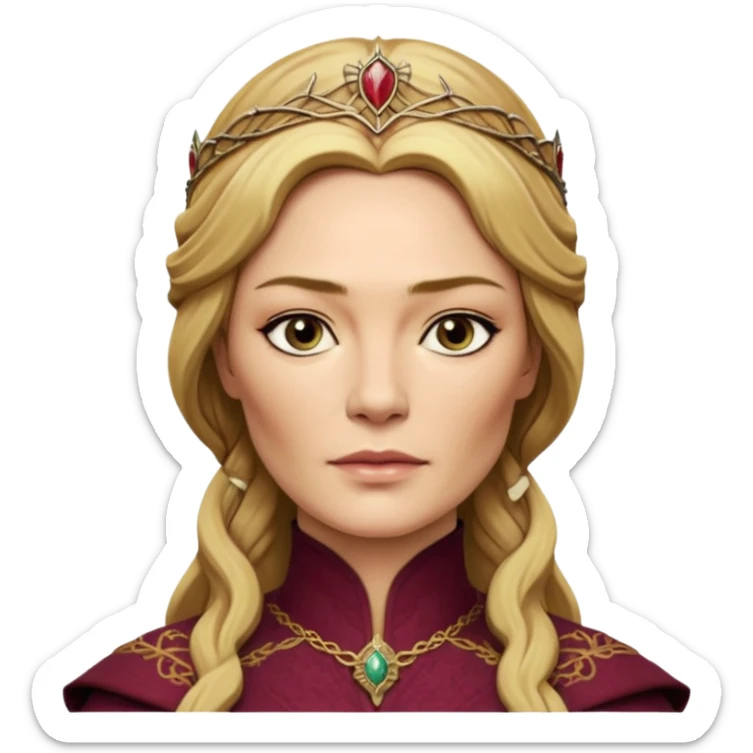 Cinematic Realistic Cersei Lannister Portrait, depicted with lifelike skin texture, subtle rosy undertones, and soft natural lighting that enhances the gentle contours of her face. Her intricately detailed golden blonde hair is elegantly styled , sticker