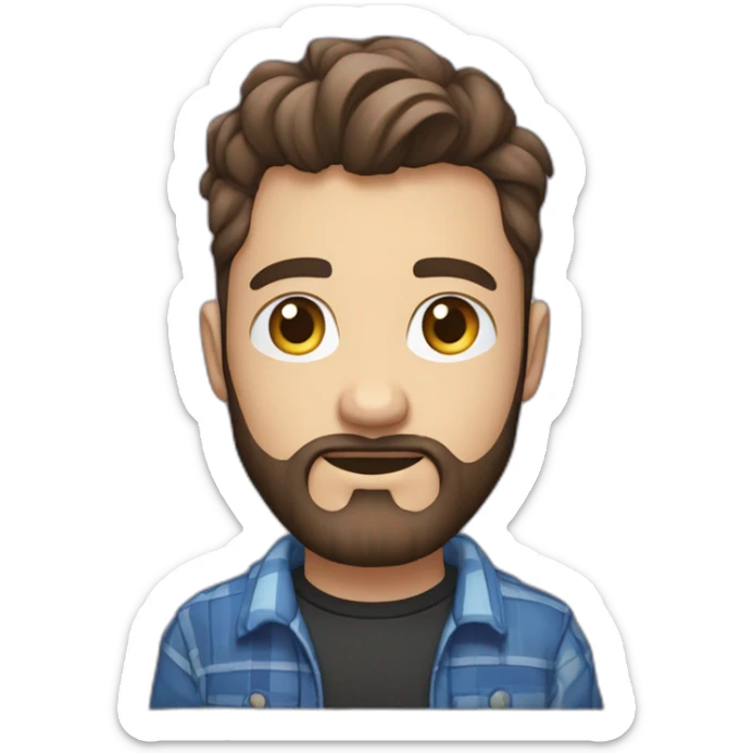 Un homme jeune, à la peau blanche, avec des cheveux bruns courts et une barbe légère, portant une chemise à carreaux bleus et noirs sur un t-shirt blanc, sur un fond dégradé violet. sticker