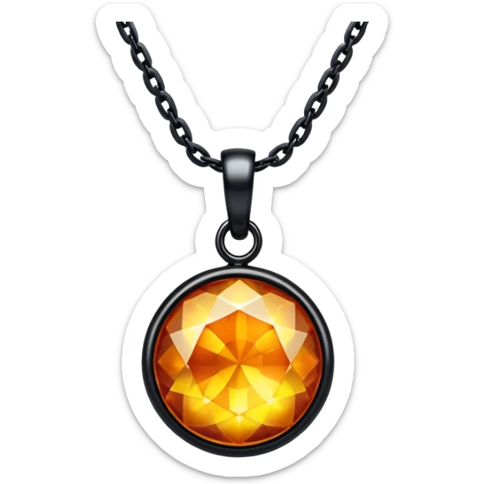 extreme close up of a round cut holographic amber charm with black bail and black chain, chain and bail right up against the gem sticker