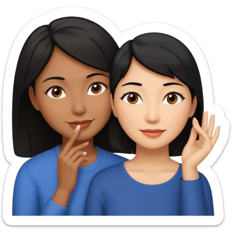 Middle aged brown woman with black hair, beside a middle aged asian woman with dark brown hair touching their cheek sticker