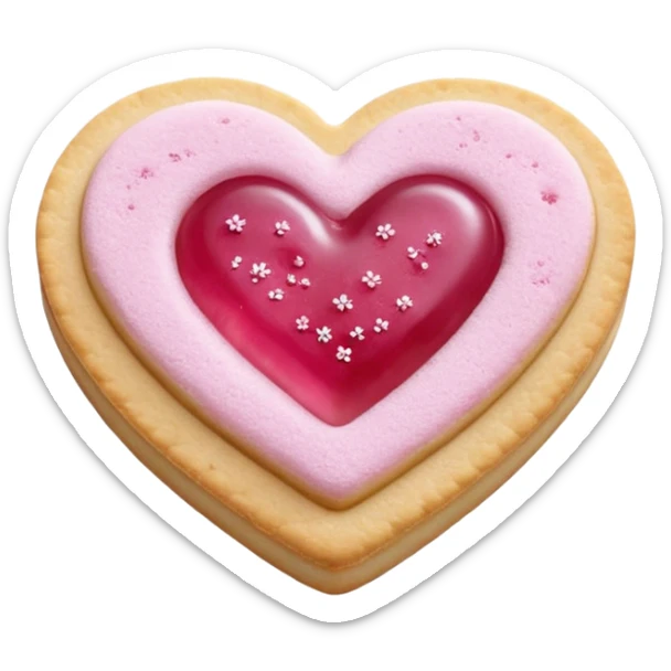 Realistic shortbread cookie in the shape of a heart with pink jelly middle filling and sprinkled powder sugar on top. sticker