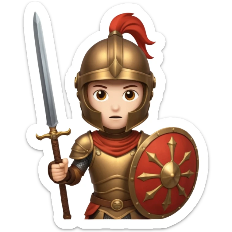 An emoji of the Roman god Mars. He is a warrior with a helmet and armor, holding a sword and shield, with a fierce expression. sticker