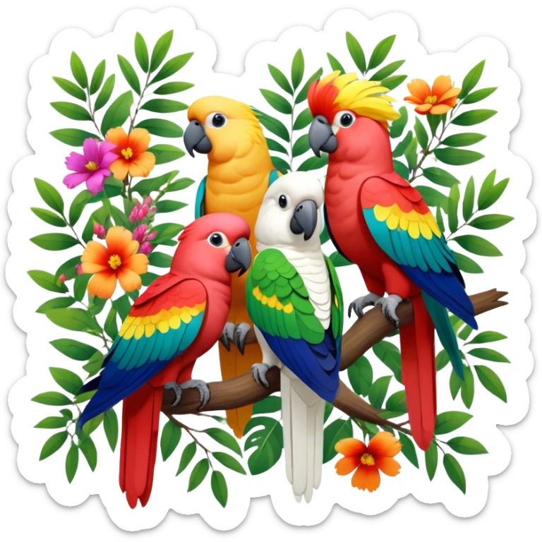 Close-up collage of vibrant Ara parrots and Inca cockatoos sitting on tree branches, surrounded by lush greenery. Bright colors of the birds stand out against a natural, sunny background of trees and flowers. Transparent background. sticker