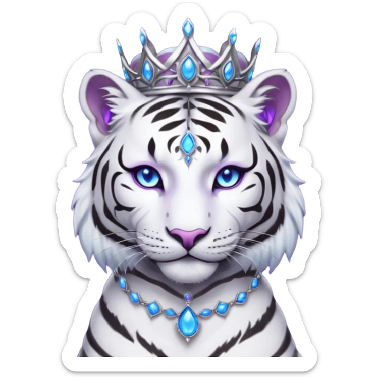 ESO Female white/black tiger khajiit leader of the umbral rose, glowing blue eyes, glowing blue 'third eye' gem; purple gemmed silver tiara sticker