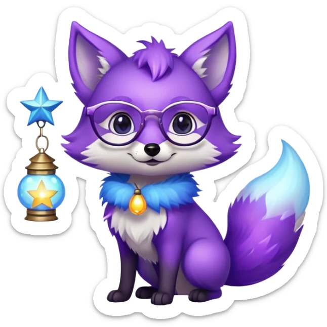 Laughing with tears of joy 😂 — a small magical fox with shimmering purple and blue fur, a glowing fluffy tail, a silver star on its forehead, round glasses, and a tiny lantern. sticker