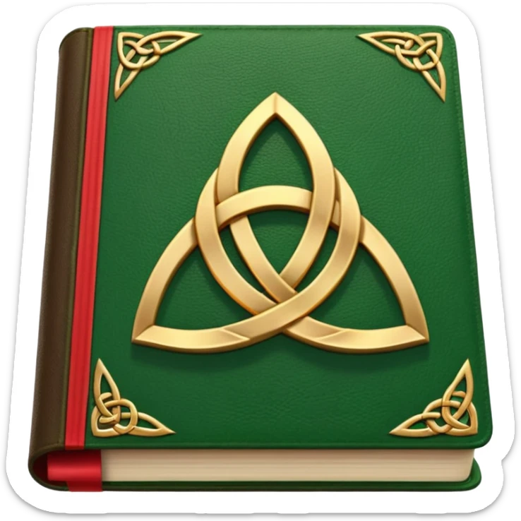 a green closed book with a golden triquetra on it with a red ribbon between the paged sticker