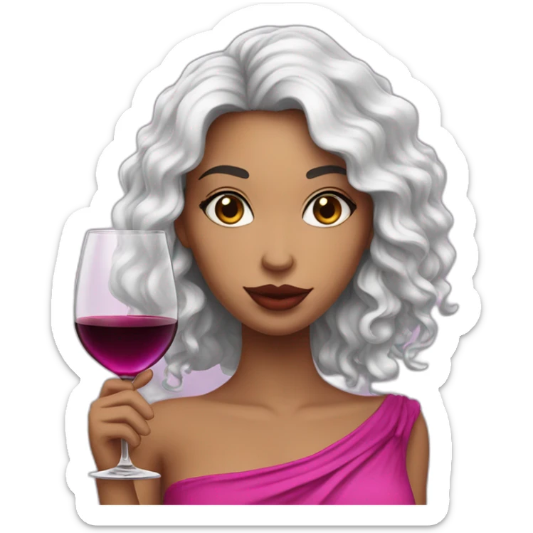 White latin girl with with pink big lips, long curly black hair and glass of wine sticker