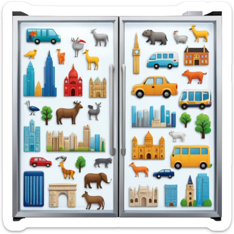 Icon for Magnet Collecting: a close-up of a fridge door covered with a variety of magnets, featuring cities, animals, symbols. The icon should highlight the diversity and charm of magnet collections. Transparent background. sticker