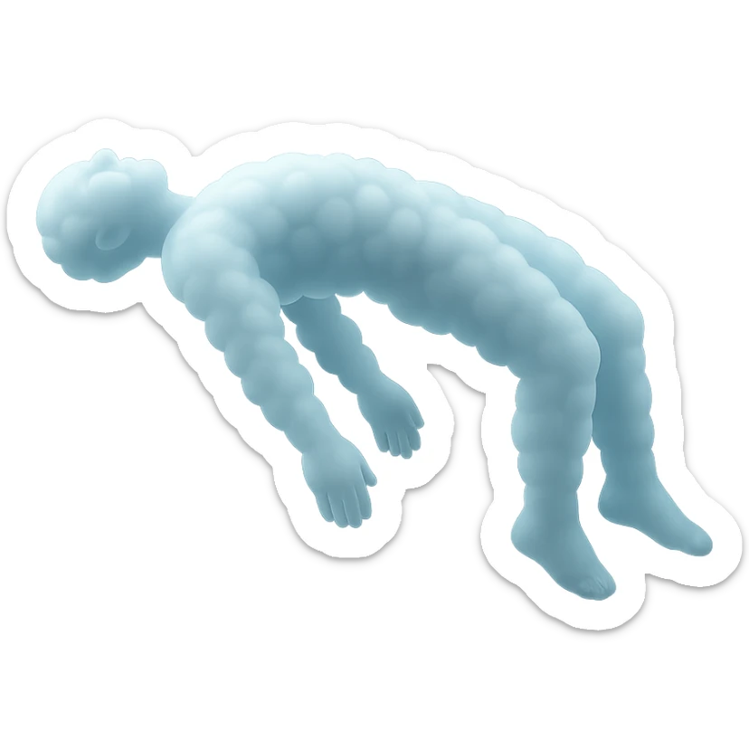side view of a person unconscious, flying upwards by the torso, legs and arms downwards, made of small very bright white fluffy convex clouds, matte glass style sticker