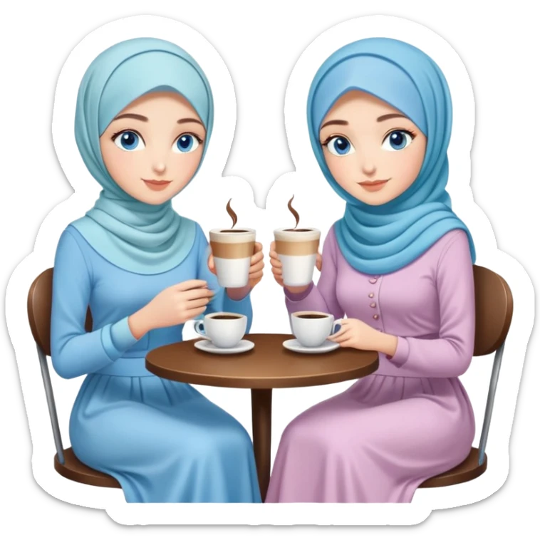 Turkish beautiful finish Konya girls blue eyes with pastel hijab long tail dress and the two friends in a coffeehouse sits on the chair on the ground and holds cup coffe with her hand  sticker