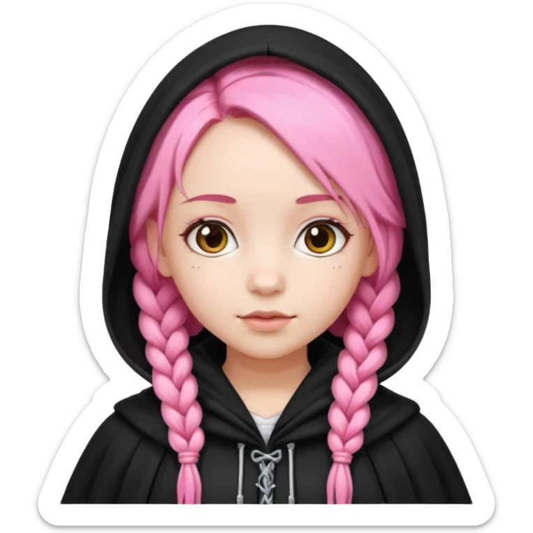 pink braids hair kid girl, white skin, wear black cloak sticker