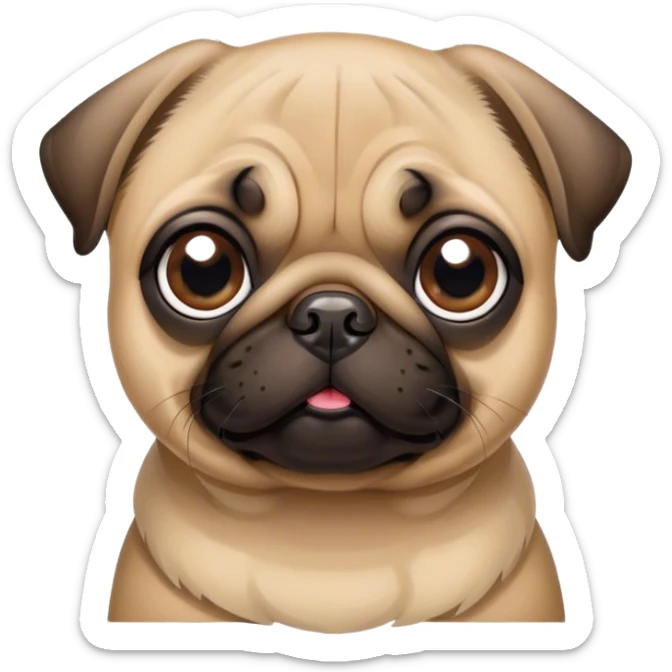 Cinematic Cute Fawn Pug Portrait Emoji, Head tilted playfully and inquisitively, featuring a smooth fawn coat with a subtle sheen, round, sparkling dark eyes filled with curiosity, Simplified yet irresistibly adorable features, highly detailed, glowing with a warm, friendly glow, high shine, affectionate and lively, stylized with a touch of whimsy, bright and endearing, soft glowing outline, capturing the essence of a mischievous yet loving pup, so playful it feels like it could bounce out of the screen and into your arms! sticker
