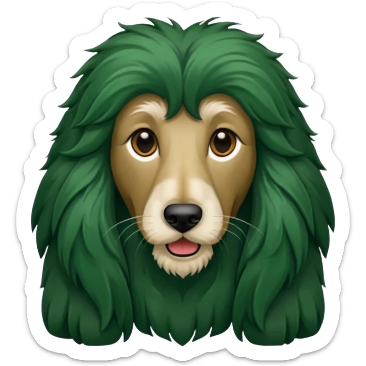 dark green dog extra furry afghan hound. The dog fur is totally dark green sticker