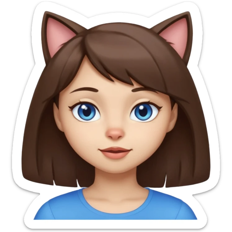 girl with sidebang, light skin, mocha brown hair, blue cat eyes, winking sticker
