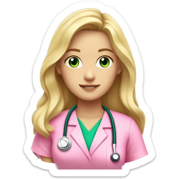 pale blonde girl with long wavy hair and green eyes wearing pink scrubs and stethoscope  sticker
