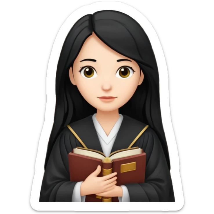 white-women-with-long-black -hair-lawyer-in-lawyer’s-robe. Have law book in hand with bookshelf full of law books in the background sticker