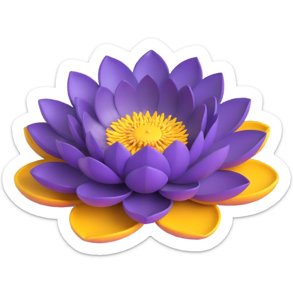 Realistic deep purple lotus flower with detailed layered petals and yellow stamens, floating on authentic lotus pad with characteristic notch and bowl shape sticker